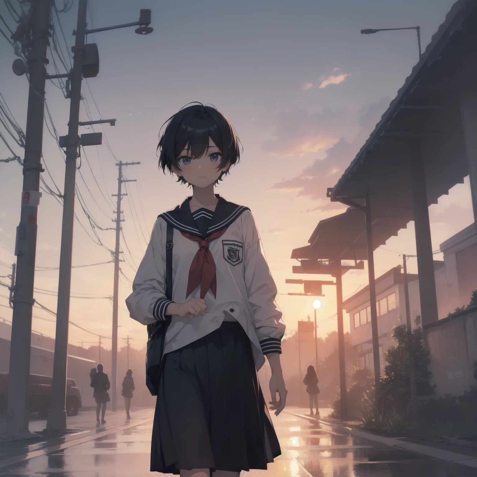 ultra-absurdres-Top quality by artist God, ultra-detailed, high resolution, anime moe artstyle, best anime 8k konachan wallpaper, pixiv contest winner, pool:2810, perfect anatomy,break, 1girl, (Please draw a girl walking sleepily to school alone. )break,(Solo,little female, 13-year-old:1.3),Full limbs, complete fingers,a junior high school student, (very short hair), short cut, flat chest, , small butt, small black eyes, beautiful detailed eyes, well-proportioned iris and pupils, expressive eyes, highres detailed hair, soft expression, salor school_uniform, sailor collar, serahuku, bow, pleated skirt,(Detailed Lighting), (Detailed background), in the School commute route. break,super detailed skin, Best cinematic lighting powered by famous artist, 8k,beauty illustration,photoshop_(medium),very aesthetic,break,((artist:fumihiko (fu mihi ko) )), artist:clamp ,artist:carnelian ,artist:kantoku ,