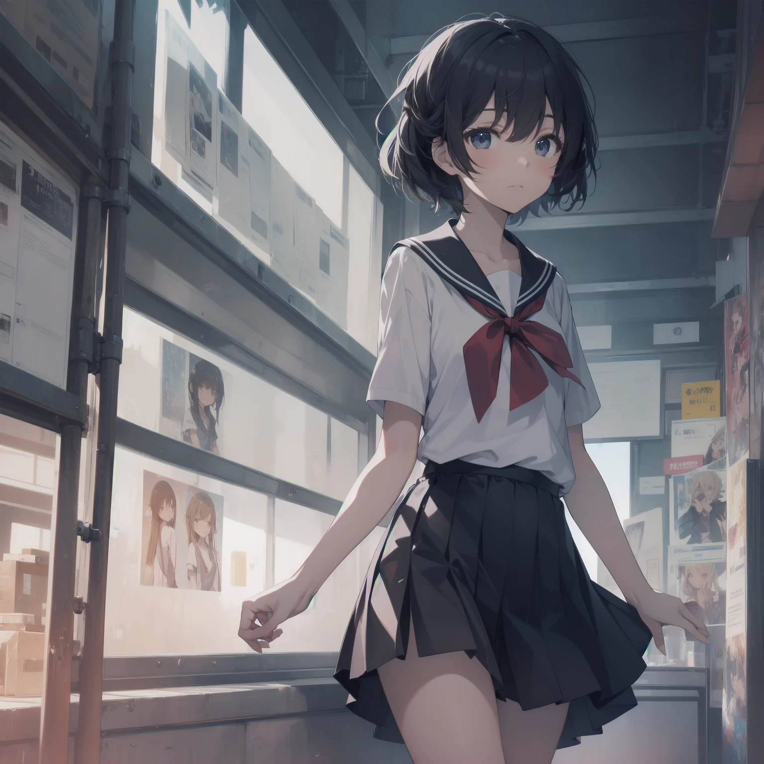 ultra-absurdres-Top quality by artist God, ultra-detailed, high resolution, anime moe artstyle, best anime 8k konachan wallpaper, pixiv contest winner, pool:2810, perfect anatomy,break, 1girl, (Please draw a girl walking sleepily to school alone. )break,(Solo,little female, 13-year-old:1.3),Full limbs, complete fingers,a junior high school student, (very short hair), short cut, flat chest, , small butt, small black eyes, beautiful detailed eyes, well-proportioned iris and pupils, expressive eyes, highres detailed hair, soft expression, salor school_uniform, sailor collar, serahuku, bow, pleated skirt,(Detailed Lighting), (Detailed background), in the School commute route. break,super detailed skin, Best cinematic lighting powered by famous artist, 8k,beauty illustration,photoshop_(medium),very aesthetic,break,((artist:fumihiko (fu mihi ko) )), artist:clamp ,artist:carnelian ,artist:kantoku ,