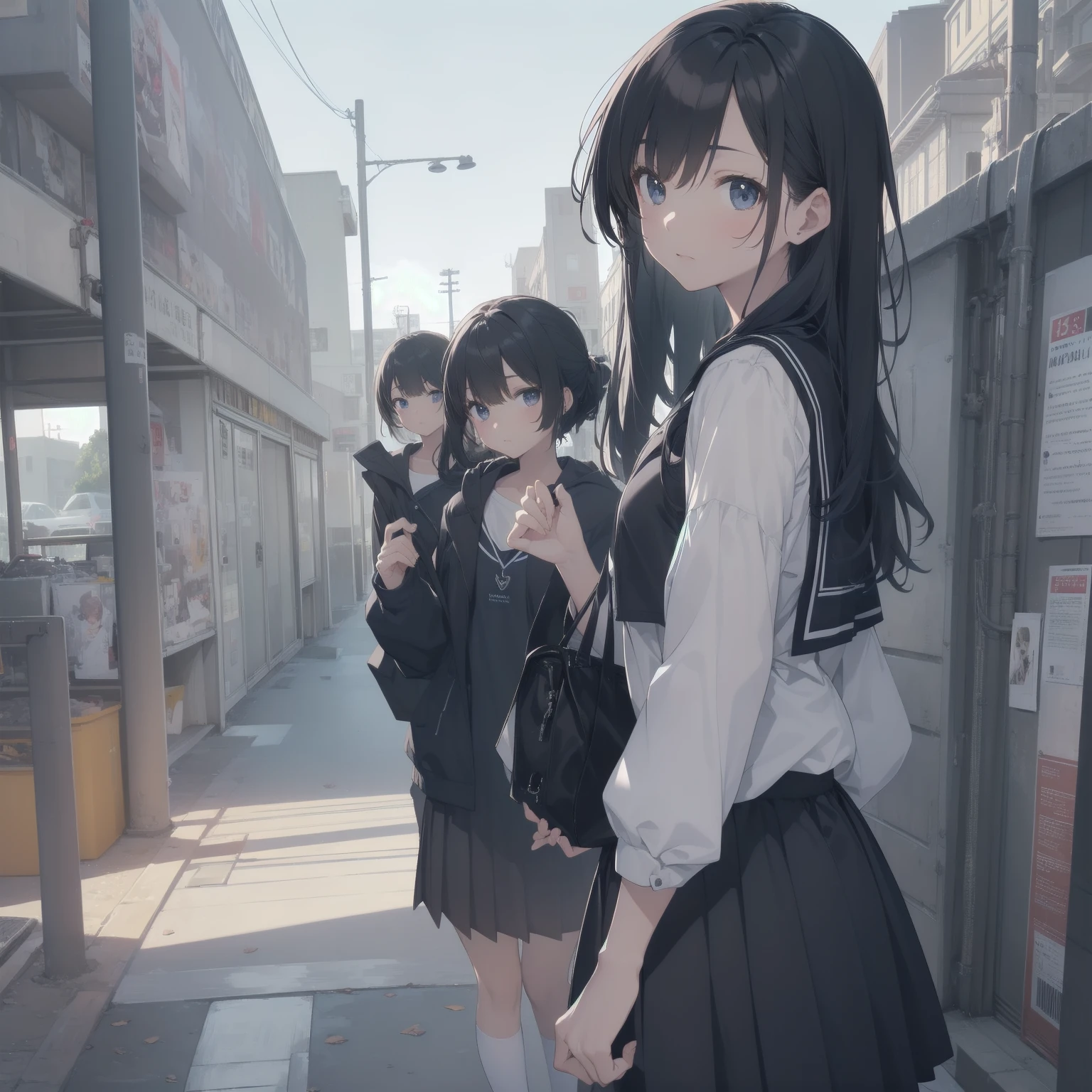 ultra-absurdres-Top quality by artist God, ultra-detailed, high resolution, anime moe artstyle, best anime 8k konachan wallpaper, pixiv contest winner, pool:2810, perfect anatomy,break, 1girl, (Please draw a girl walking sleepily to school alone. )break,(Solo,little female, 13-year-old:1.3),Full limbs, complete fingers,a junior high school student, (very short hair), short cut, flat chest, , small butt, small black eyes, beautiful detailed eyes, well-proportioned iris and pupils, expressive eyes, highres detailed hair, soft expression, salor school_uniform, sailor collar, serahuku, bow, pleated skirt,(Detailed Lighting), (Detailed background), in the School commute route. break,super detailed skin, Best cinematic lighting powered by famous artist, 8k,beauty illustration,photoshop_(medium),very aesthetic,break,((artist:fumihiko (fu mihi ko) )), artist:clamp ,artist:carnelian ,artist:kantoku ,