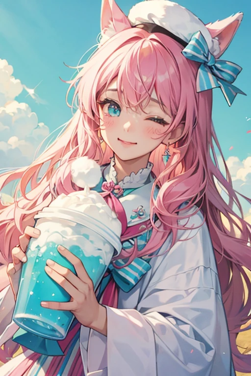 Triple Ice is a snowcone dog Num coming in three flavors and colored pink, brown, and tan, matching her ears and big, puffy hair extensions. Her pastel turquoise wavy striped cup is where her face resides, with one eye shut and no mouth. She has pale pink blushed cheeks and wears a white and grey striped party hat with a bow matching her cup. SPARKLE; GLITTER