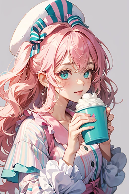 Triple Ice is a snowcone dog Num coming in three flavors and colored pink, brown, and tan, matching her ears and big, puffy hair extensions. Her pastel turquoise wavy striped cup is where her face resides, with one eye shut and no mouth. She has pale pink blushed cheeks and wears a white and grey striped party hat with a bow matching her cup. SPARKLE; GLITTER