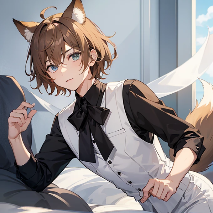 A boy who has light brown hair, messy and short, His bangs that fall around his face and partially cover him have fox ears on his head that are the same color as his hair.. His eyes are light green, and his skin is light. He wears a white shirt with a black tie and dark pants, which gives it a neat appearance. besides, It has a tail that sticks out from behind, highlighting its hybrid characteristic.