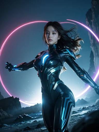 (RAW Photos, Highest quality), (Realistic, Realistic:1.3), 1 girl、Realisticbody、Hieroglyphic Battle Costume、Meteor warrior flying from space、Fighting the reptilian aliens、Laser Reflective Shield、smile、Energy Dispersion、Star Crisis