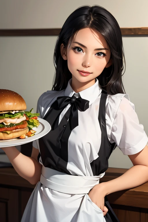 Highest quality High resolution Simple French Restaurant Cute waitress Carrying food Maid clothes