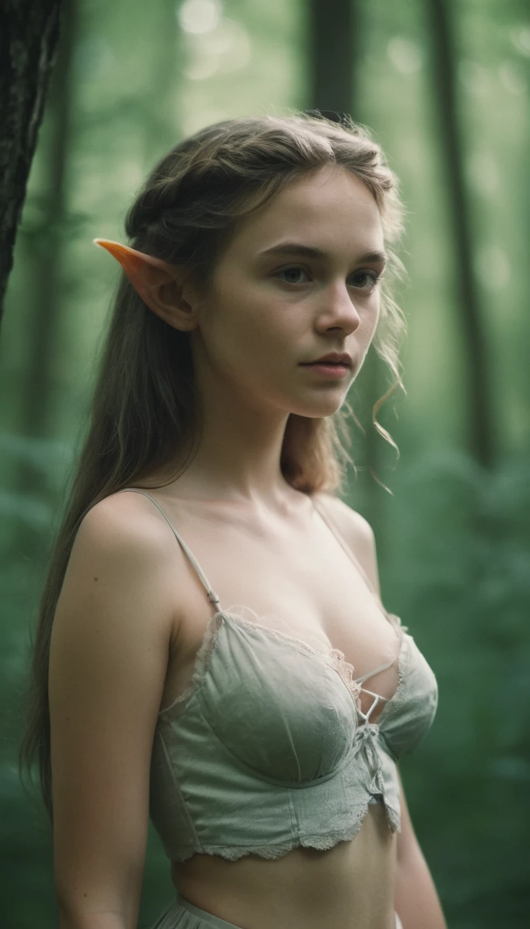 analog film photo, photo of a young elf girl, 18 years-old, elf, elf ears, long pointy ears, messy hair, sun-kissed complexion, goosebumps, pretty, natural beauty, tall, full hourglass figure, wearing a cotton bralette, posing in a misty forest, resembles a young Robin Wright, RAW Photograph, dslr, soft lighting, high quality, film grain, Fujifilm XT3, detailed skin with visible pores, insane details, masterpiece, 8k, 35mm photograph, dslr, kodachrome, faded film, desaturated, grainy, vintage, Lomography, stained, highly detailed, found footage, close-up shot, elven ears