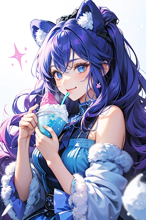 Blueberry Freeze is a snow-cone bear, whose filling is a gradient of dark blue to purple. She has blue bear ears to match her fluffy hair extension, where her dark pink bow sits. Her cup has a pink wavy stripe pattern and her face resides here, with one eye shut and her tongue sticking out. SPARKLE; GLITTER