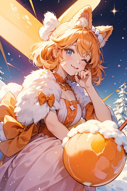 A snow cone bear with apricot-colored filling and light orange ears. It's fluffy hair is raspberry and wears a peach bow. It's cup has a yellow wavy stripe pattern and it's face resides here, with one eye shut and it's tongue sticking out. SPARKLE; GLITTER