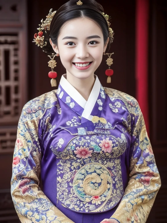 Woman wearing Chinese clothing,Upper body portrait,Cute smile,Updo,Very fine clothing,masterpiece,8k,Topics on pixiv,Highest quality,