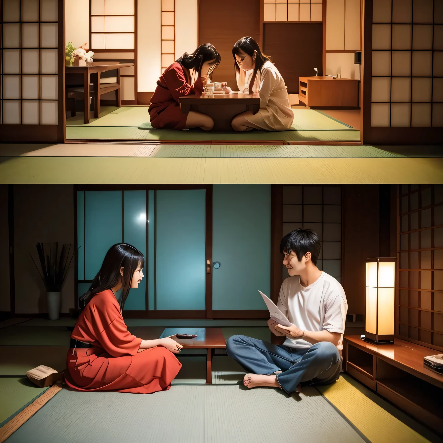 Relaxing in a Japanese living room、A scene where a couple is listening to each other。Photos that convey a peaceful atmosphere。
