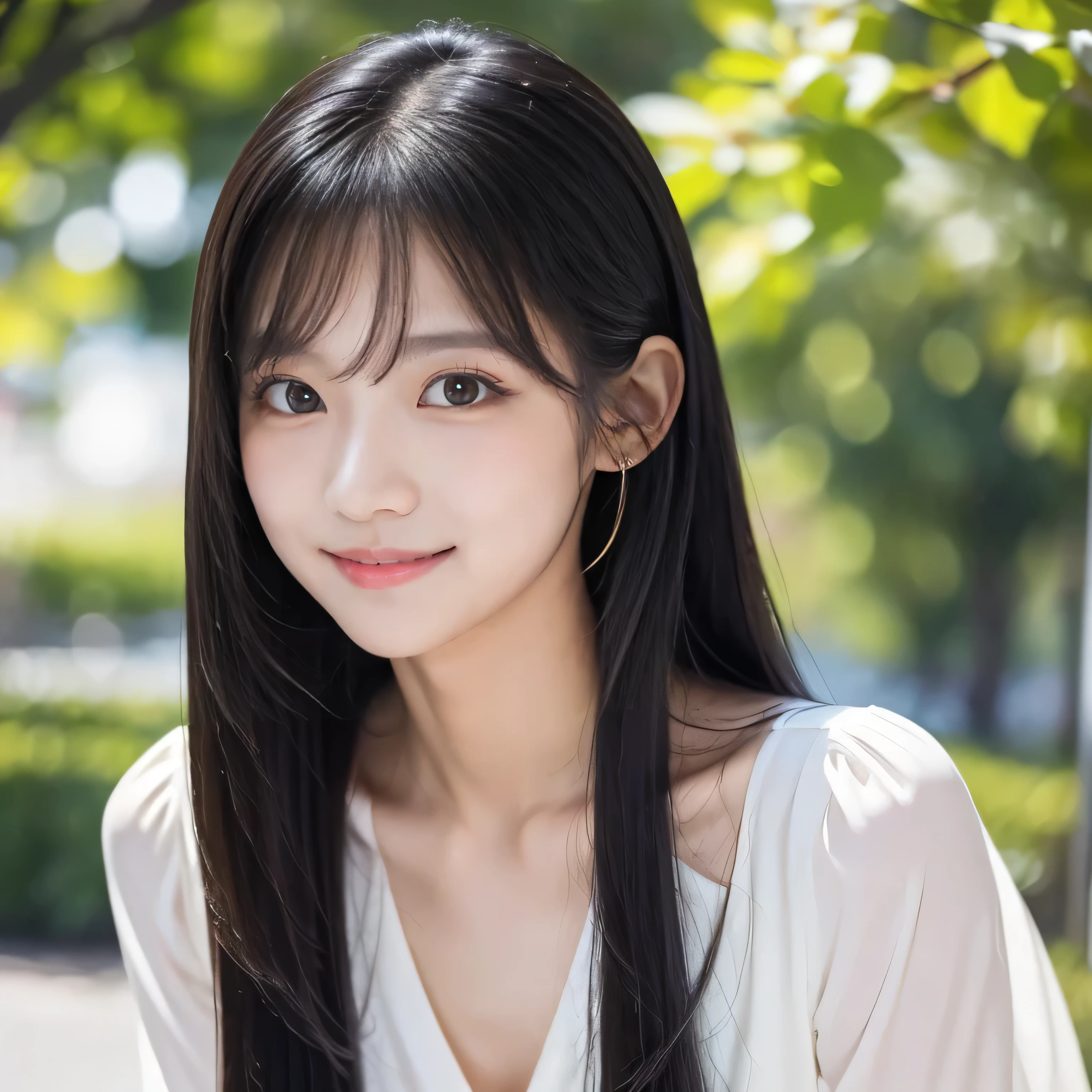 Create an ultra-realistic image of a 21-year-old Japanese woman named Kotone against a white background. She has extremely long, perfectly straight black hair that flows down to her waist, with blunt bangs that cover her forehead. Her eyes are large, enchanting, and have double eyelids with sparkling black pupils, giving them a captivating and youthful appearance. Her face is delicate and innocent, with very thin eyebrows that frame her large, childlike eyes. She has a small mouth with sexy lips, and her skin is smooth and flawless, resembling snow in its pure white color. She has a slender and well-proportioned body with a shapely bust size of 95 cm, a height of 158 cm, a weight of 43 kg, an ideal waist size of 58.46 cm, and an ideal hip size of 86.73 cm. Her complexion is flawless, without any wrinkles, and her natural makeup enhances her features subtly, maintaining a fresh and youthful look. She embodies a perfect balance of youthful charm and mature elegance, with a cute and innocent smile that adds warmth and affection to her appearance.
Kotone should be depicted facing forward, with her body positioned to emphasize her front. Her long black hair should flow naturally over her shoulders, framing her face and upper body. Her pose should be confident and relaxed, with her arms gently at her sides or holding a small accessory. Her expression should be warm and inviting, with a friendly smile that captures her youthful charm. The lighting should be soft and natural, focusing on her front and emphasizing the smoothness of her skin and the delicacy of her features, creating a sense of depth and realism. The background should be completely white, ensuring that every detail of her appearance is highlighted and that the focus remains on her face and front. She is wearing a casual yet stylish outfit that highlights her well-proportioned figure, such as a fitted blouse and skirt.