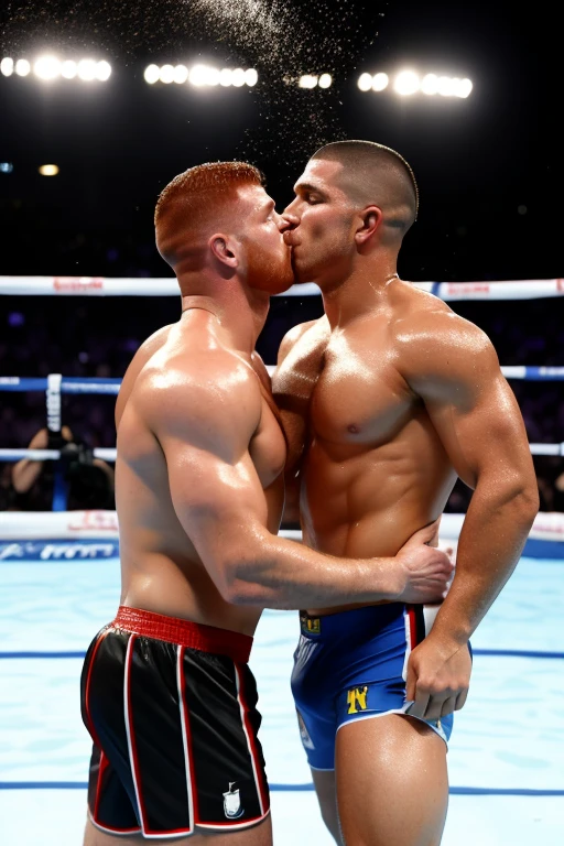 Canelo Alvarez and Fernando Vargas kiss in wet soccer uniforms, shirtless