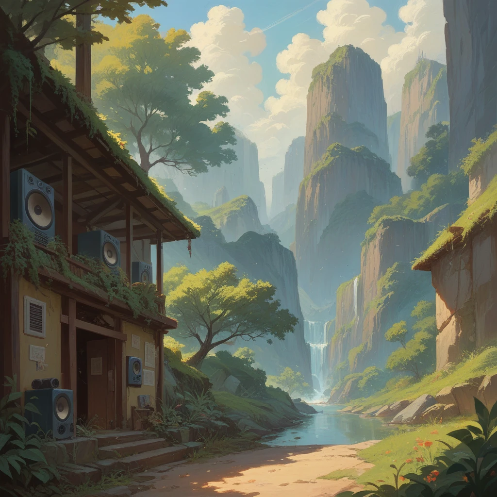 create an image with speakers playing, scenery only