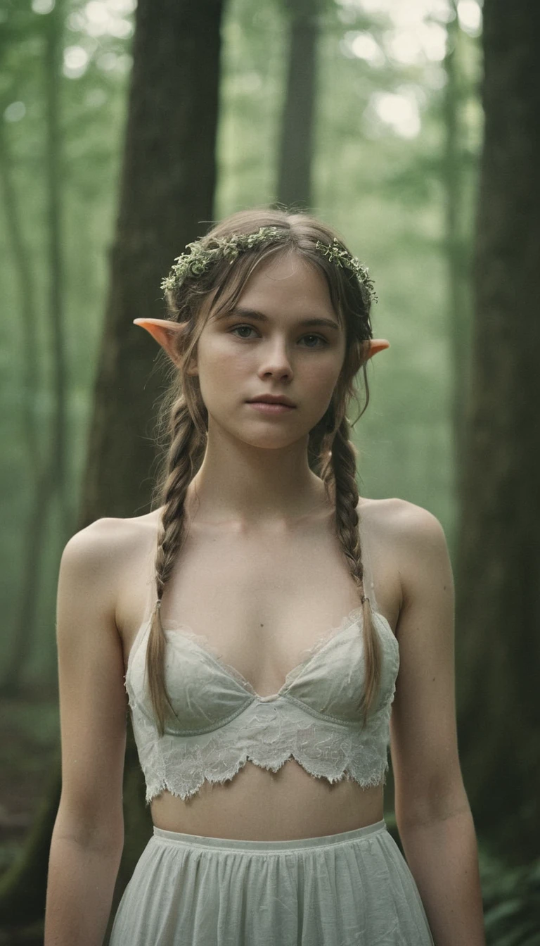 analog film photo, photo of a young elf girl, 18 years-old, elf, elf ears, long pointy ears, messy hair, sun-kissed complexion, goosebumps, pretty, natural beauty, tall, full hourglass figure, wearing a cotton bralette, posing in a misty forest, resembles a young Robin Wright, RAW Photograph, dslr, soft lighting, high quality, film grain, Fujifilm XT3, detailed skin with visible pores, insane details, masterpiece, 8k, 35mm photograph, dslr, kodachrome, faded film, desaturated, grainy, vintage, Lomography, stained, highly detailed, found footage, close-up shot, elven ears