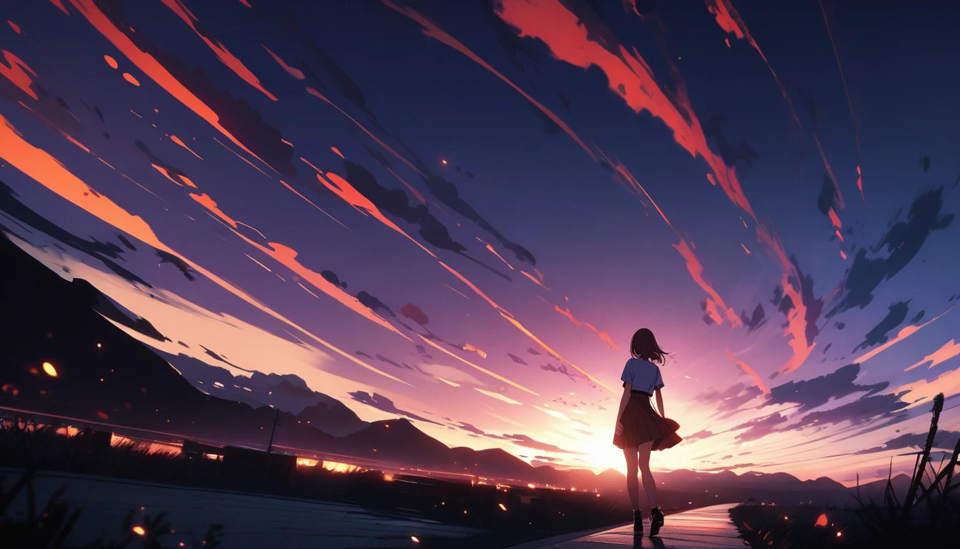 Highly detailed CG Unity 8k wallpaper), Background is candy,Beautiful young woman in sunny weather, Complete back view,skirt, stand, full_body, dramatic, バックLight, Light, Volumetric Lighting, Simple Background