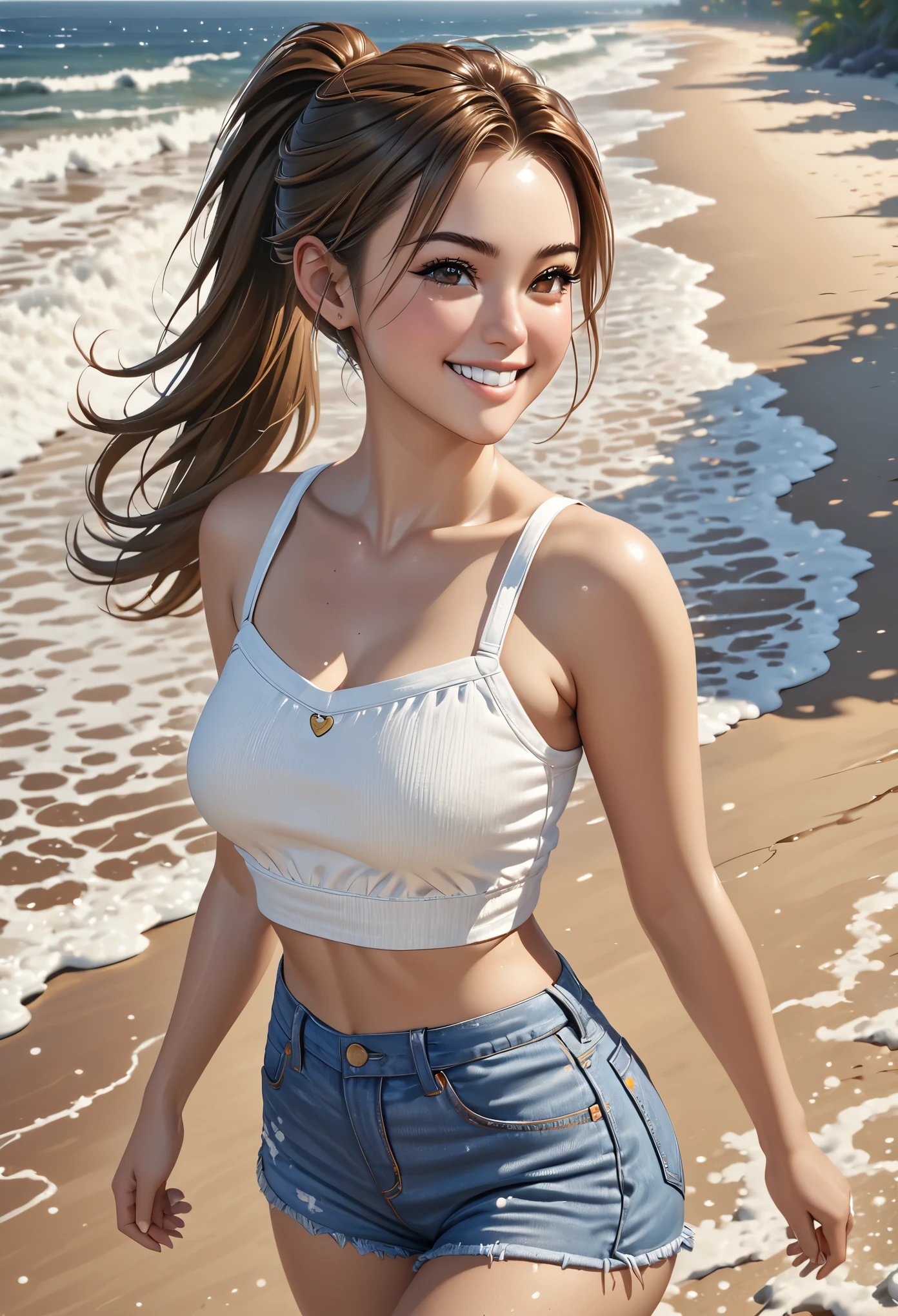 (young woman:1.5), (she wears waist-high denim shorts and a white crop top), (barefoot:1.4), long brown hair with ponytail, brown eyes, (cheeky smilie), detailed skin texture, (realistic skin pores, skin impurities:1.4), walking on a beach, 24k resolution, highly detailed, (natural front light:0.5), (full body shot:1.3), (realistic style:1.5)