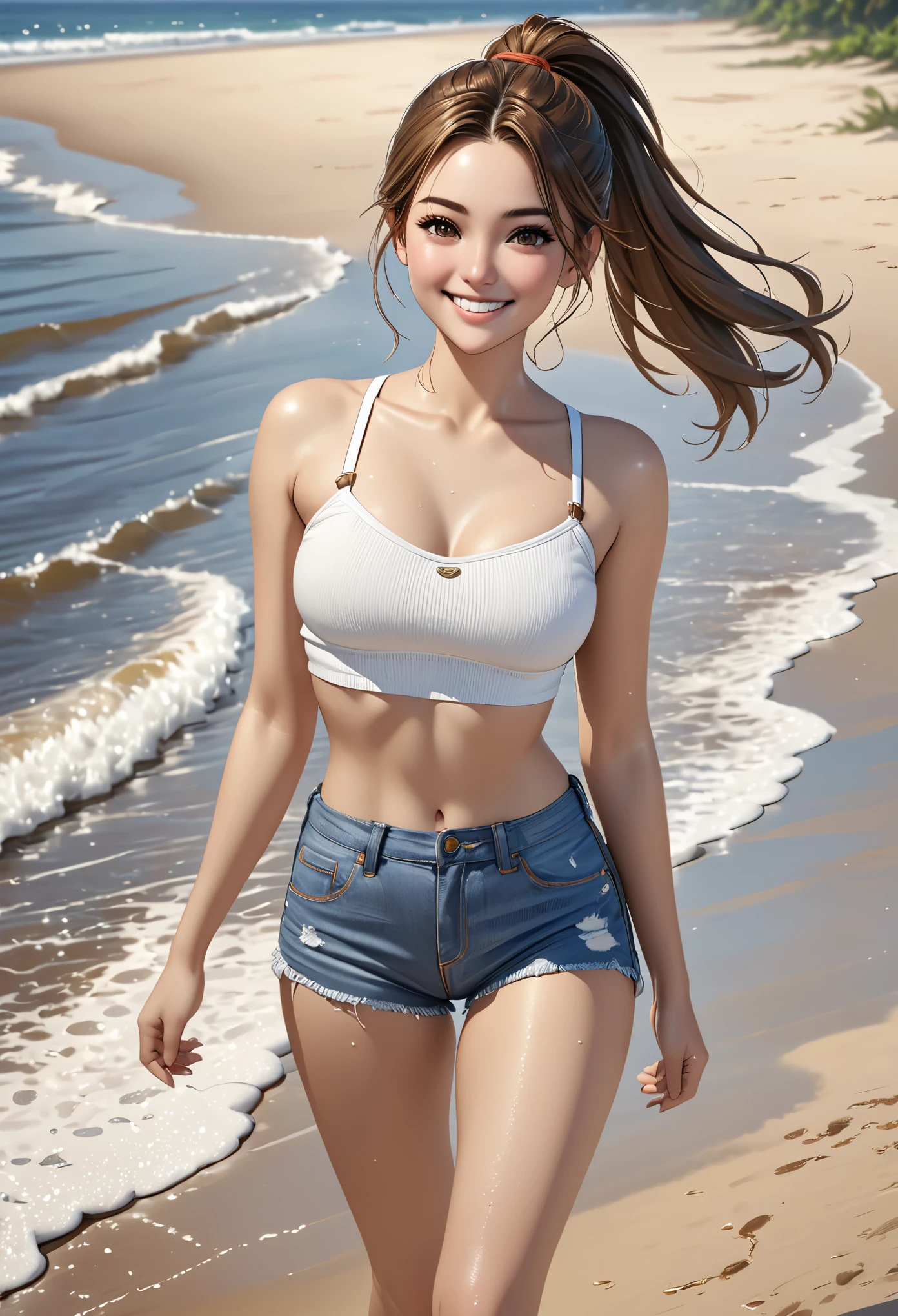 (young woman:1.5), (she wears waist-high denim shorts and a white crop top), (barefoot:1.4), long brown hair with ponytail, brown eyes, (cheeky smilie), detailed skin texture, (realistic skin pores, skin impurities:1.4), walking on a beach, 24k resolution, highly detailed, (natural front light:0.5), (full body shot:1.3), (realistic style:1.5)