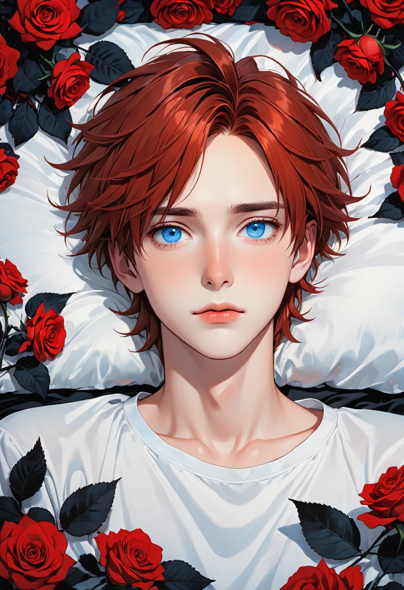 Imagine an 18 y boy with short tousled red hair and blue round eyes with a straight nose, thin lips, long forehead lying in a bed full of black roses