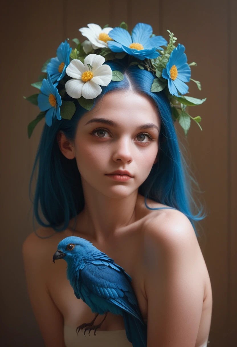 flat colors, 2d, cartoon, sfw, spix macaw, female, looking at viewer, blue feathers, flower on head