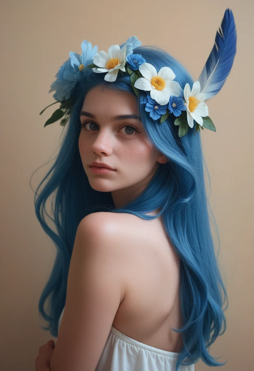 flat colors, 2d, cartoon, sfw, spix macaw, female, looking at viewer, blue feathers, flower on head
