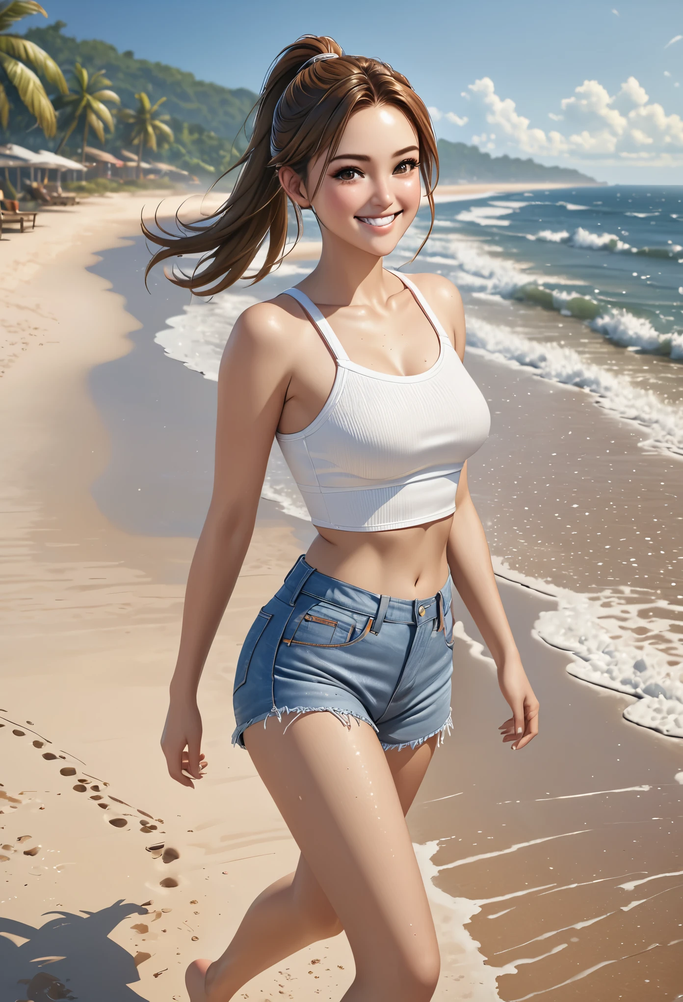 (young woman:1.5), (she wears waist-high denim shorts and a white crop top), (barefoot:1.4), long brown hair with ponytail, brown eyes, (cheeky smilie), detailed skin texture, (realistic skin pores, skin impurities:1.4), walking on a beach, 24k resolution, highly detailed, (natural front light:0.5), (full body shot:1.3), (realistic style:1.5)