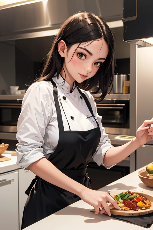 Highest quality High resolution Simple French restaurant kitchen Cute sous chef girl Chef's hat Chef's white coat