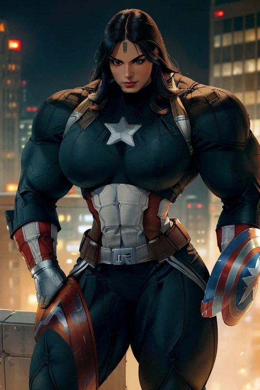 (((Close-up))), tall, (black hair) beautiful muscular woman, long straight hair, light brown skinned, (closed smile), large breast, (black lipstick), (massive muscles), (hyper muscle), ((ginormous bulky muscles)), orange eyes, (((black captain America suit))), (Captain America pants), choker, boots, on the rooftop at night,