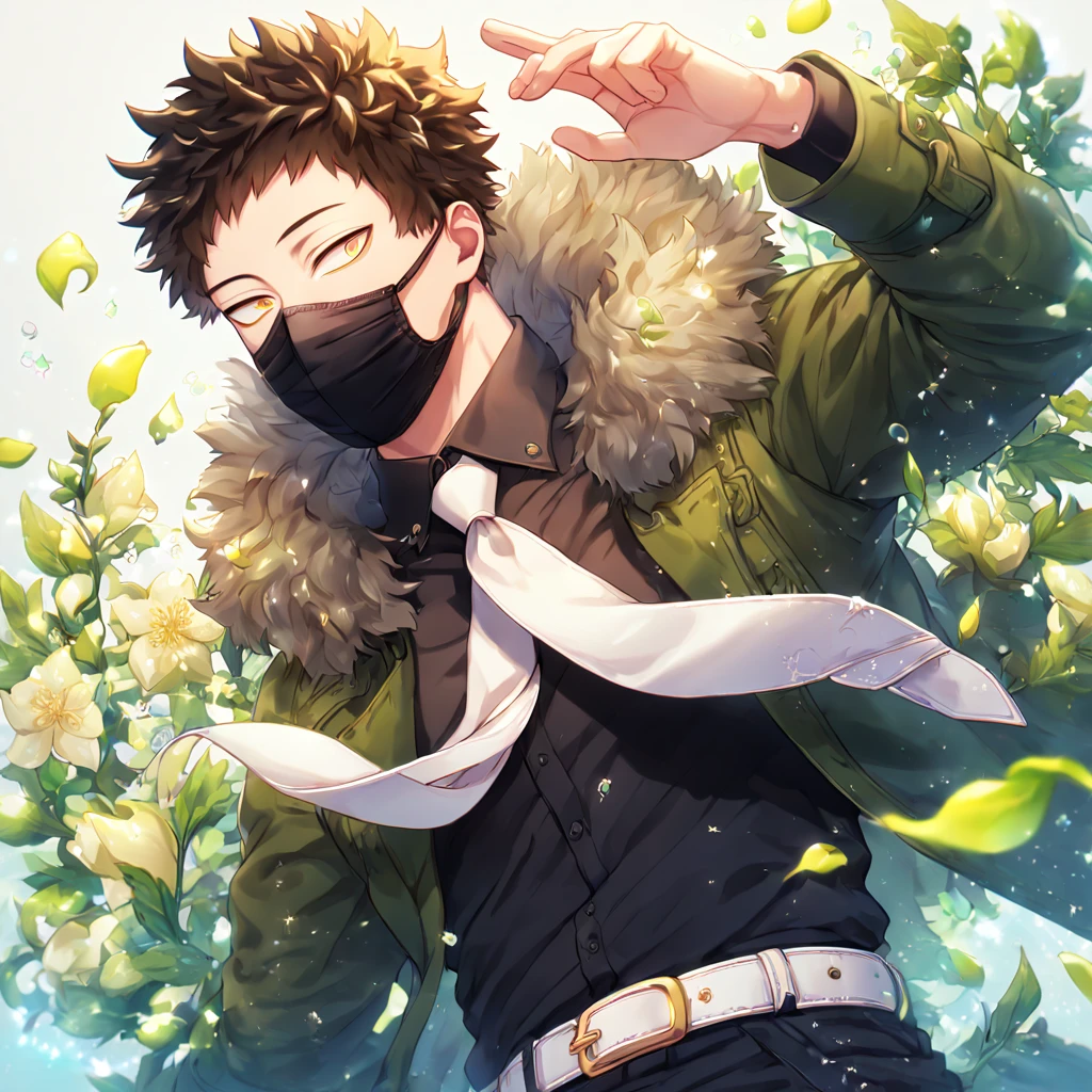 Ultra detailed, HDR, Highres, absurdres, master piece, Overhaul, dark brown hair, short hair, short bangs, expressivee yellow eyes, green coat with a fur collar, black shirt, white necktie, black pants, white belt, Boku No Hero Academia, black surgical mask, sexy man, handsome, flowers, petals, fantasy, magical, green leaves, summer, handsome, sensual, best quality, glittering, solo, manly man, water