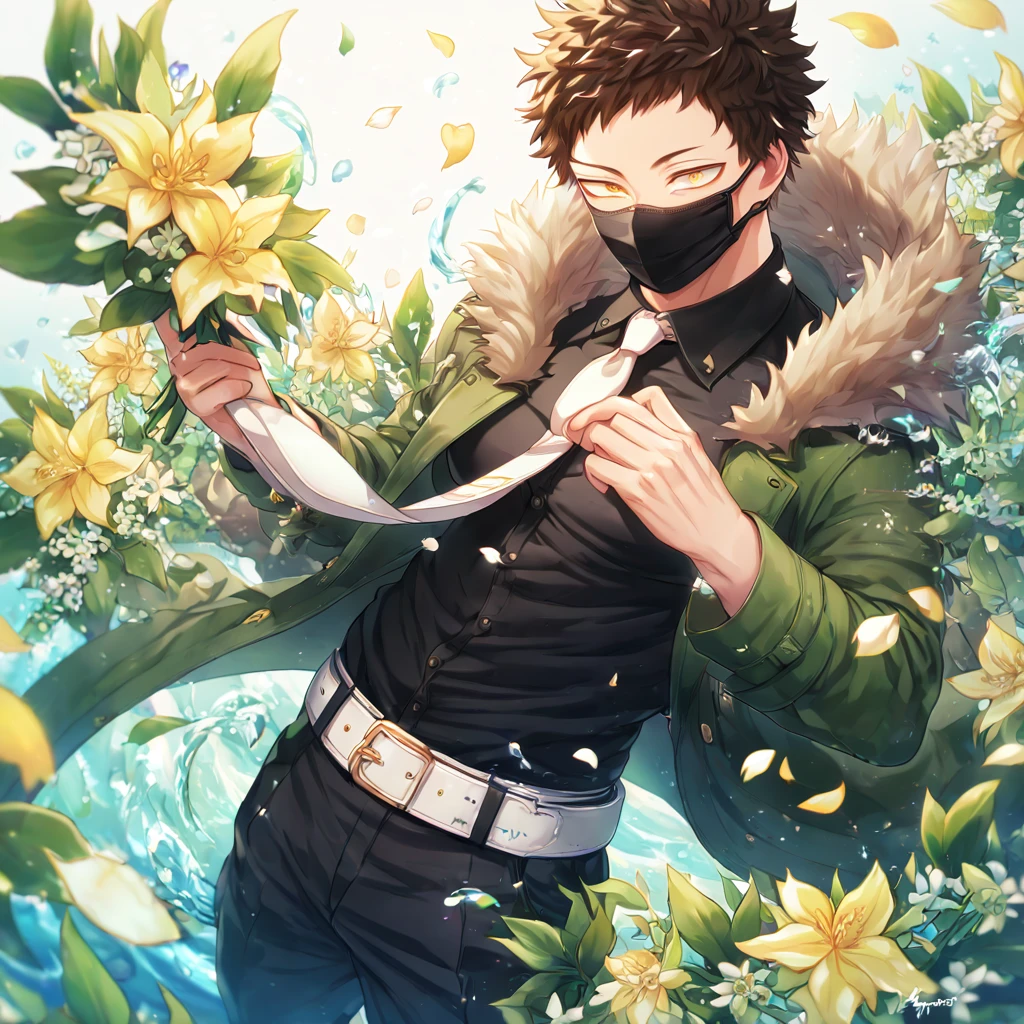 Ultra detailed, HDR, Highres, absurdres, master piece, Overhaul, dark brown hair, short hair, short bangs, expressivee yellow eyes, green coat with a fur collar, black shirt, white necktie, black pants, white belt, Boku No Hero Academia, black surgical mask, sexy man, handsome, flowers, petals, fantasy, magical, green leaves, summer, handsome, sensual, best quality, glittering, solo, manly man, water