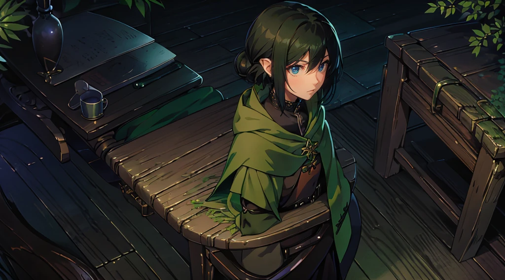 yuichiro hyakuya girl, (WithoutFear:1), 1 girl, black hair, green eyes, brown coat, gray armor, elves, sylvan, green shield, green cloak, dark brown gloves, forest, white fur trim, anime, standing, good quality, portrait, looking at viewer