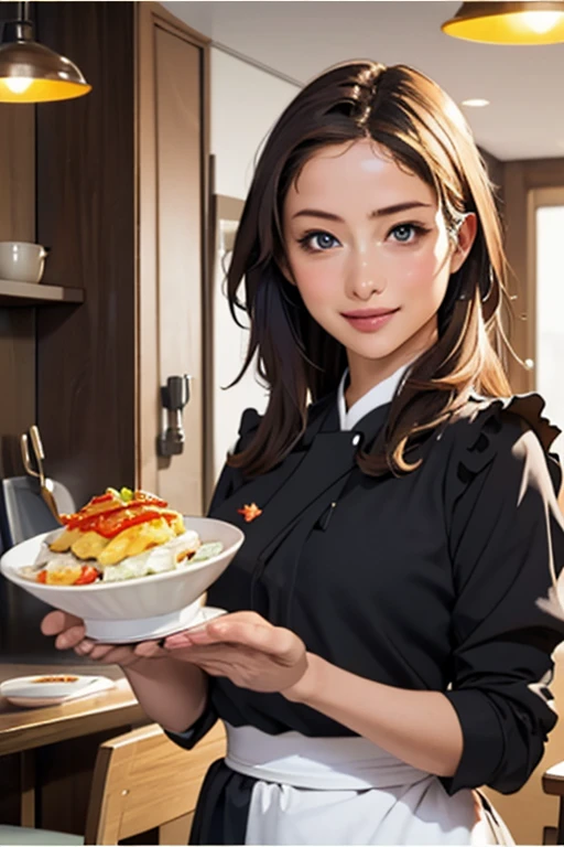 Highest quality High resolution Simple French Restaurant Cute waitress Carrying food Maid clothes