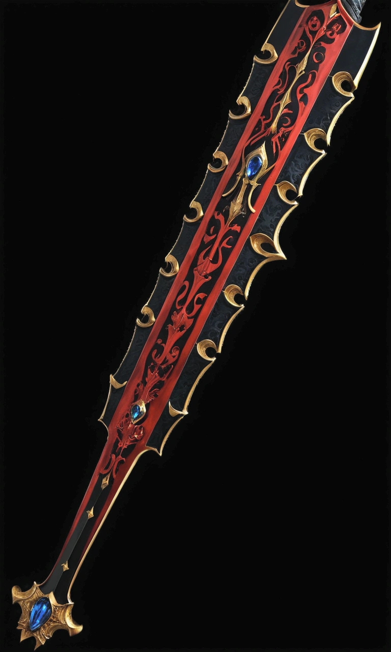 there is a very large red and black sword with a blue stone, black and red fantasy sword, intricate fantasy spear, sword design, beautiful sword, golden art nouveau scythe blade, orkish sword, engraved blade, katana scabbard, dagger, war blade weapon, fantasy sword, large sword, holstering sword, armored sword blade. Black Blue