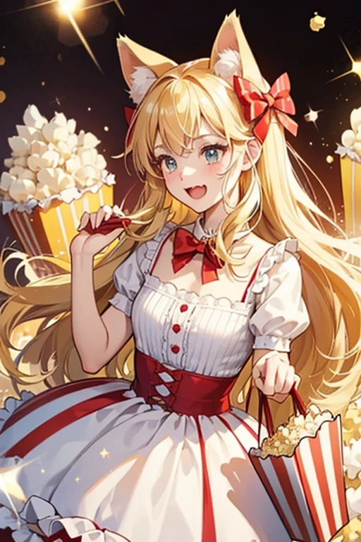 A cat num that resembles a red and white striped, scalloped bag of popcorn. Her ears are brown, with a red bow on each one. She wears fluffy blonde extensions and has a single, blonde curl at the middle of her head. She is making an excited expression. SPARKLE; GLITTER