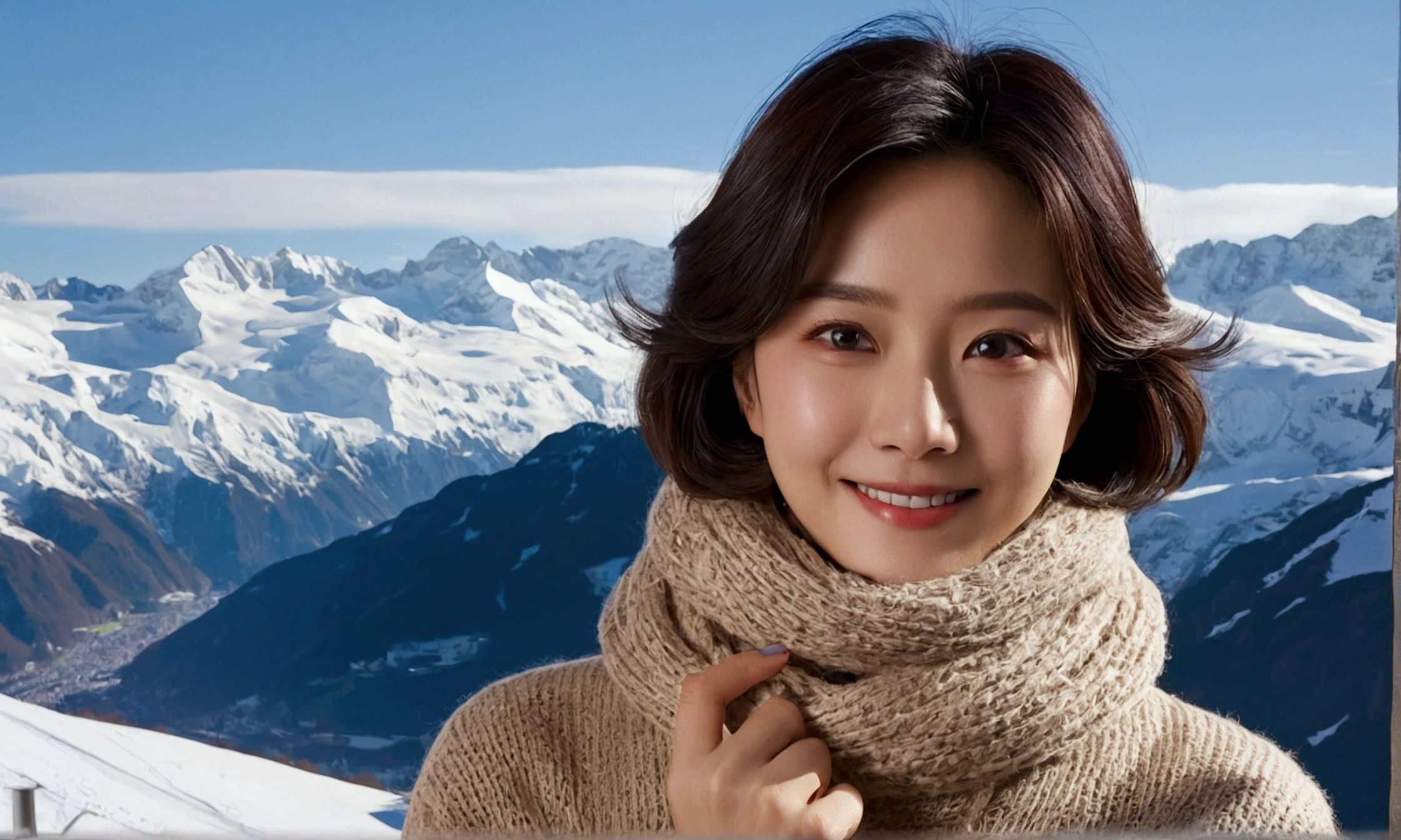 1 woman、double eyelid、drooling eyes、thick muffler、gray muffler、fluffy hair, (detailed fingers), short medium hair를 가진 50대 한국 여성, smiling face, short and , very beautiful.!, Get inspired by Son Ye-jin, photo realistic beautiful face, big eyes,double eyelid, black eye, short medium hair, alone, Switzerland, The Jungfrau snowfield can be seen in the distance.. winter, thick muffler, highnecksweater, Wearing beige jean pants,, (Full body shot with Canon camera 16-35 wide angle lens, The white snow of Jungfrau can be seen in the distance.. Visible up to the waist, Woman in her 50s