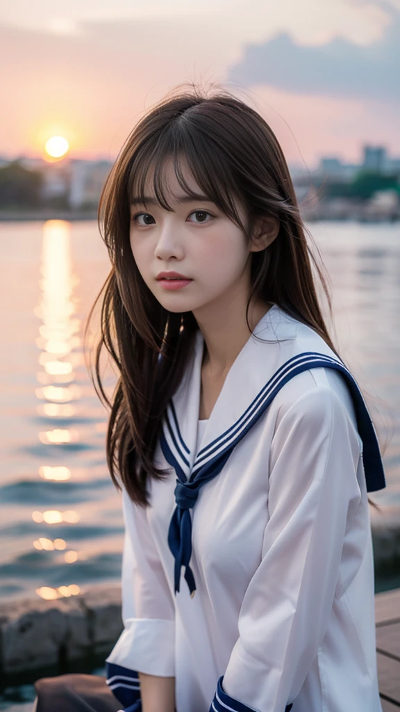 high resolution、Japanese women、Beauty、cute、Brown long hair hairstyle、Small face、Beautiful skin、Large breasts、Reality Stick、summer、Sailor suit、evening、The sun goes down、Are crying、涙を流してAre crying、sad

