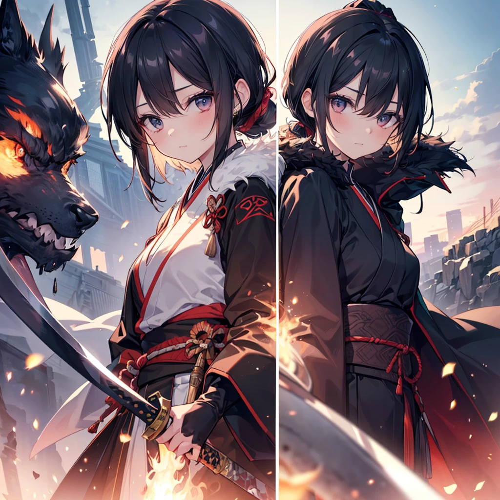 ((masterpiece)), ((One beautiful woman:1.5)),View your viewers,Glare,Delicate expression,Ninja,Black hair in a ponytail,Brown cloak、(With a sword),Beast Fur,灰色の全身Ninjaの服