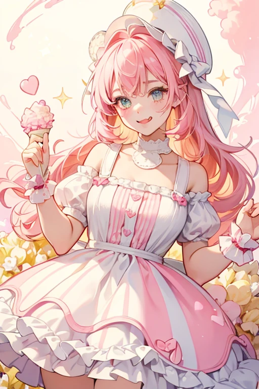 A bear num that resembles a yellow and white striped, scalloped bag of pink popcorn. She has hot pink drippy icing or syrup and wears a white bow beneath her pale pink, thick hair extension. She has a squinting-wink and her tongue sticks out. SPARKLE; GLITTER