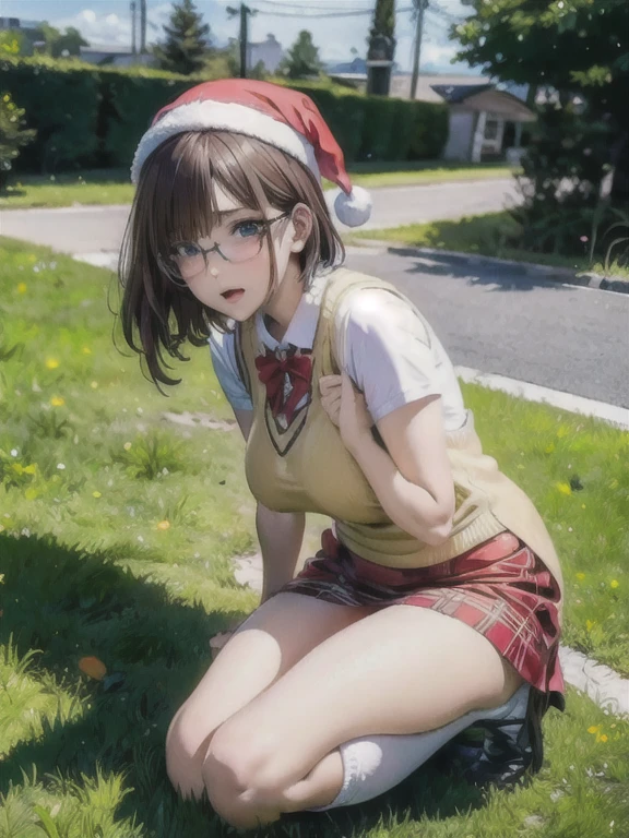 ((Highest quality)), ((masterpiece)), (detailed), One Girl,(Knee-length),Santa,Santaクロース,Cosplay,whole body,Big Breasts,Underbust,Glasses,22-year-old woman,valley,((Hunchback)),(Naughty look),short hair,(Loose perm),((Excited expression)),Browsing Caution,nswf Japanese,(Attractive appearance),atmosphere,rotor,blush