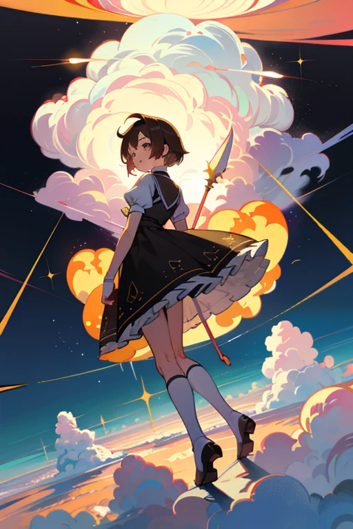 kawaii, 5000 meters above the clouds,A magical girl is gazing at a cloud,Back view,,6 year old girl,A cloud from a nuclear explosion appears in the distant sky.,Short bob hair,Brown Hair,Dresses with lots of frills,Wearing drawers,Wearing a petticoat,Wearing knee-high socks,Angry expression,Throw the spear,Full body portrait,A dynamic pose,Beautiful background,High-definition background