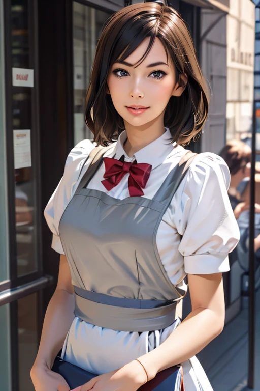 Highest quality　High resolution　Simple　French Restaurant　Cute waitress　Carrying food　Maid clothes