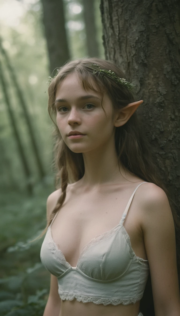 analog film photo, photo of a young elf girl, 18 years-old, elf, elf ears, long pointy ears, messy hair, sun-kissed complexion, goosebumps, pretty, natural beauty, tall, full hourglass figure, wearing a cotton bralette, posing in a misty forest, resembles a young Robin Wright, RAW Photograph, dslr, soft lighting, high quality, film grain, Fujifilm XT3, detailed skin with visible pores, insane details, masterpiece, 8k, 35mm photograph, dslr, kodachrome, faded film, desaturated, grainy, vintage, Lomography, stained, highly detailed, found footage, close-up shot, elven ears