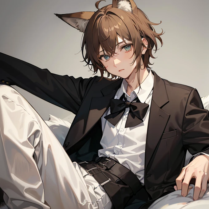 A boy who has light brown hair, messy and short, His bangs that fall around his face and partially cover him have fox ears on his head that are the same color as his hair.. His eyes are light green, and his skin is light. He wears a white shirt with a black tie and dark pants, which gives it a neat appearance.
