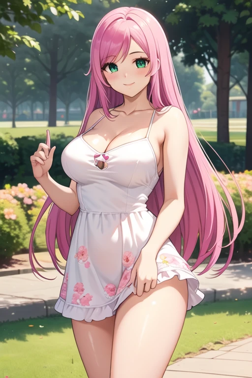 1 girl, 19 years old, Long pink hair, green eyes with slit pupils, master-piece, best quality, (standing up), (short dress), (floral, spaghetti strap, short pink summer light pink dress, no slit), (Big , ultra gigantic , Super super big, Glamorous body), Make eye contact with the camera, front figure, looking forward, (light_Smile:1.5), (Detailed hands and fingers:1.2) (In the sunny park), (FULL BODYSHOT), thighs thighs thighs thighs、beauty legs、Bare legs