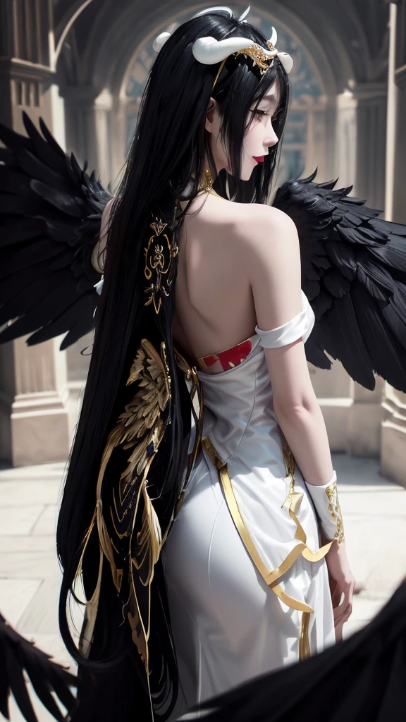 highres, sharp focus, pixiv masterpiece, ((intricate details)), highly detailed, 1girl, black wings, white dress with gold, white horns, albedo_overlord, black hair, (low wings,:1.1), view from back, castle on background 