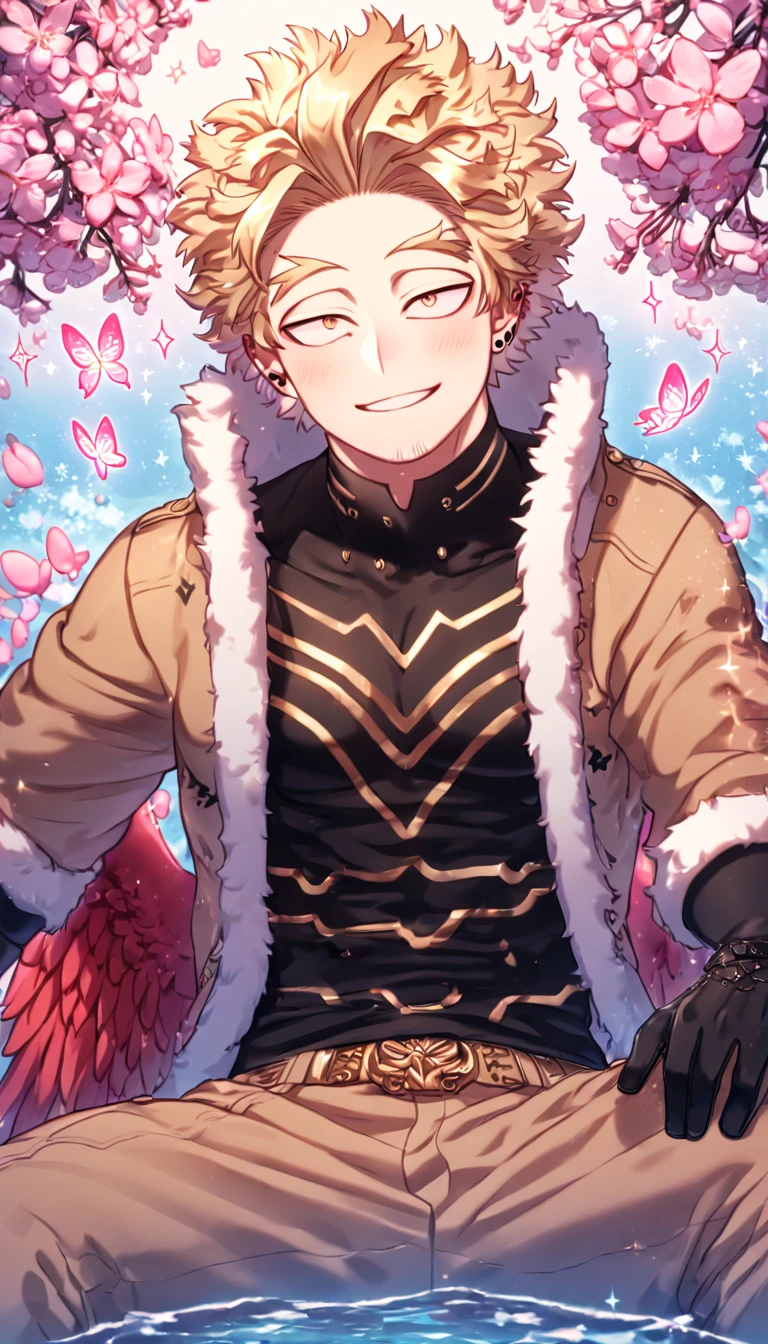 absurdres, highres, ultra detailed, HDR, master piece, best quality, Hawks, ash-blonde hair, expressive golden-brown eyes, faint stubble, red wings, Boku No Hero Academia, solo, sexy man sitting, handsome, sensual, horny, smile, brown jacket with fur collar, black tight shirt with patterns, brown pants, black gloves, red piercing, water, fantasy, magical, shining, pink flowers, pink blossoms, pink petals, pink butterflies, sparkling glass