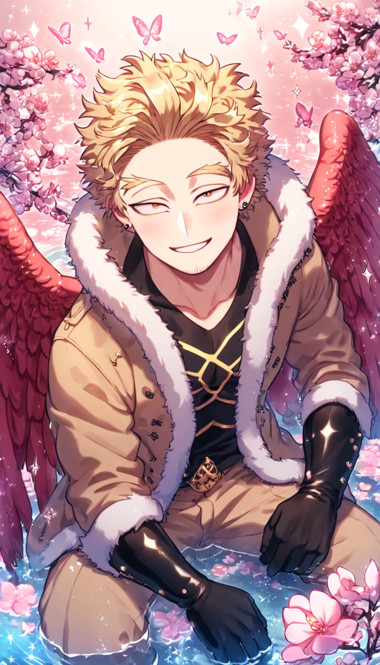 absurdres, highres, ultra detailed, HDR, master piece, best quality, Hawks, ash-blonde hair, expressive golden-brown eyes, faint stubble, red wings, Boku No Hero Academia, solo, sexy man sitting, handsome, sensual, horny, smile, brown jacket with fur collar, black tight shirt with patterns, brown pants, black gloves, red piercing, water, fantasy, magical, shining, pink flowers, pink blossoms, pink petals, pink butterflies, sparkling glass