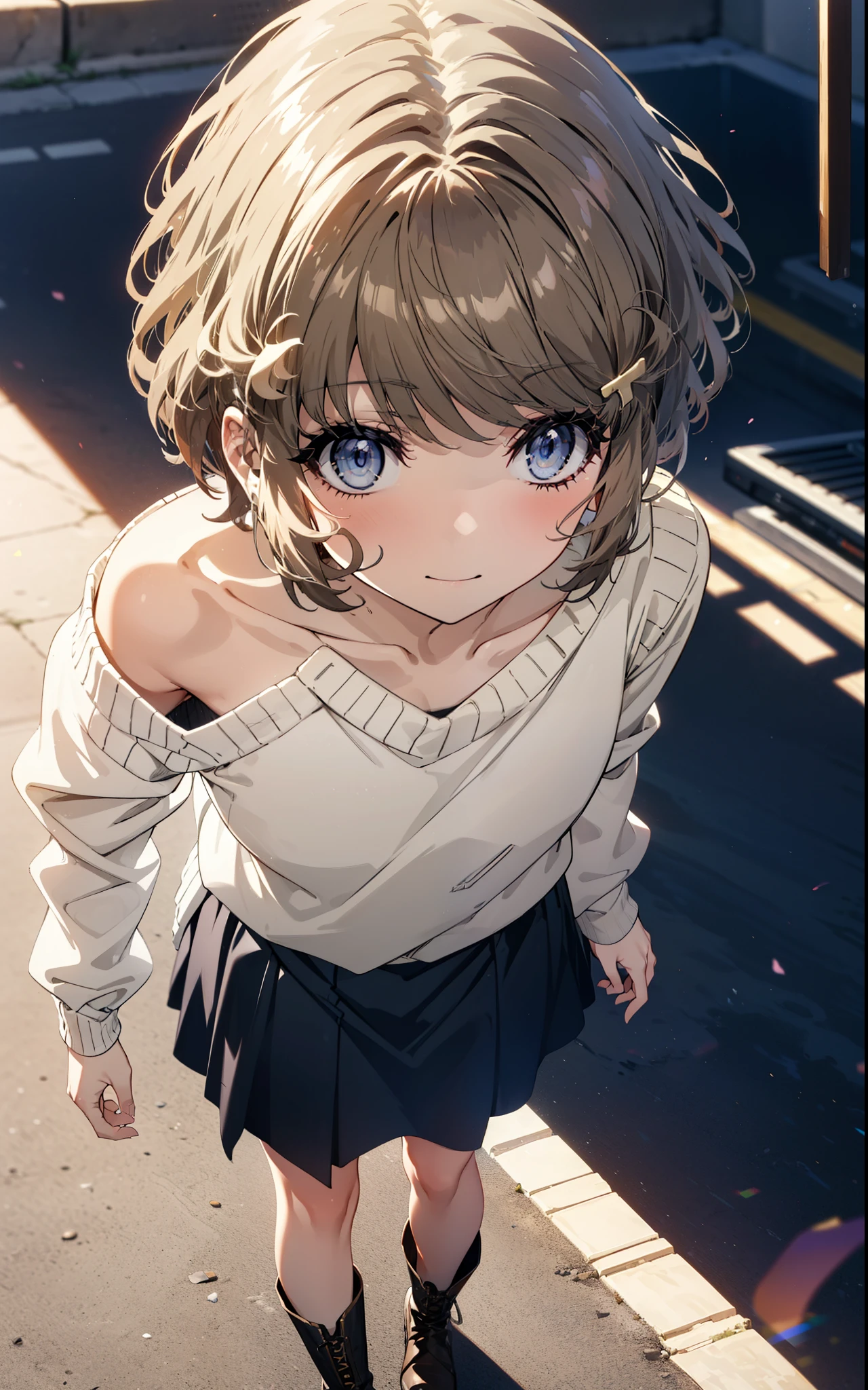 tomoekoga, Chie Koga, short hair, Brown Hair, blue eyes, Hair Clip,smile,One-shoulder sweater,Long skirt,short boots,Walking,morning,morning陽,The sun is rising,whole bodyがイラストに入るように,
break outdoors, Building district,
break looking at viewer, whole body,
break (masterpiece:1.2), Highest quality, High resolution, unity 8k wallpaper, (figure:0.8), (Beautiful attention to detail:1.6), Highly detailed face, Perfect lighting, Highly detailed CG, (Perfect hands, Perfect Anatomy),