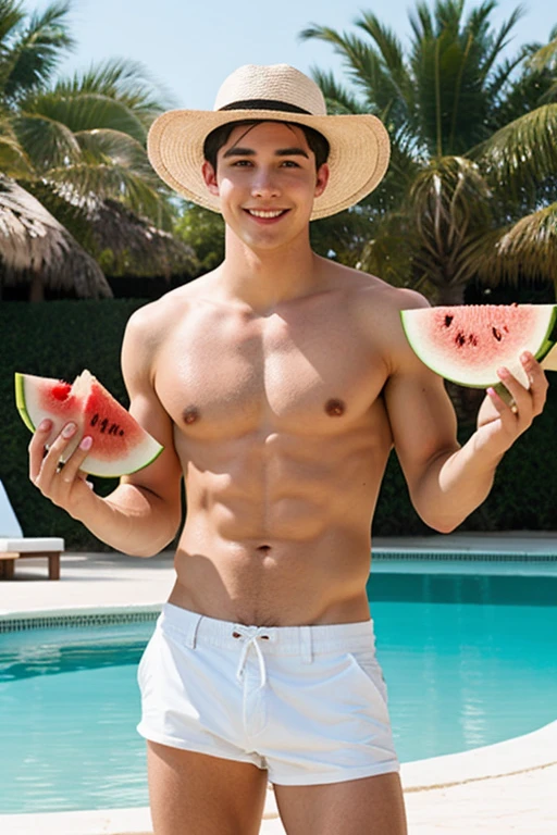Young cute handsome beautiful face white skinny soft skin without shirt naked hat eating sliced watermelon holding in his hand cute butt ass of a man standing in a pool
