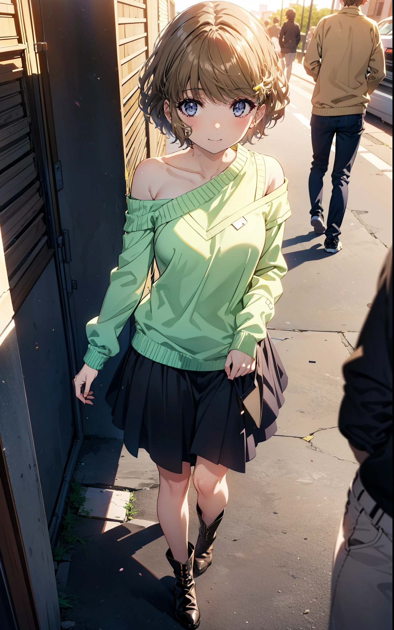 tomoekoga, Chie Koga, short hair, Brown Hair, blue eyes, Hair Clip,smile,One-shoulder sweater,Long skirt,short boots,Walking,morning,morning陽,The sun is rising,whole bodyがイラストに入るように,
break outdoors, Building district,
break looking at viewer, whole body,
break (masterpiece:1.2), Highest quality, High resolution, unity 8k wallpaper, (figure:0.8), (Beautiful attention to detail:1.6), Highly detailed face, Perfect lighting, Highly detailed CG, (Perfect hands, Perfect Anatomy),