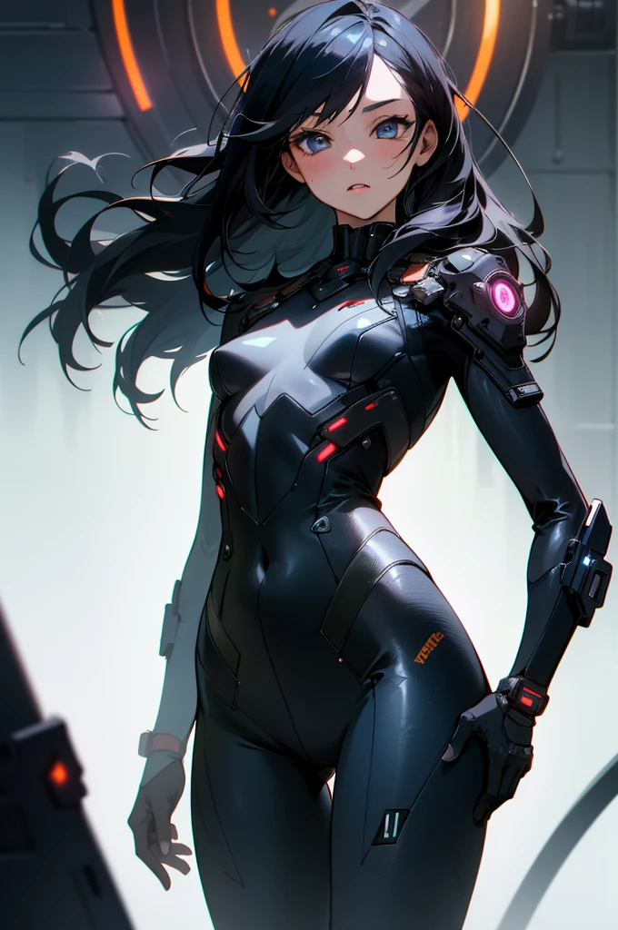 (1girl:1.4) beautiful, perfect eyes, perfect face, perfect lighting, 1girl, long black hair, (small breasts:1.5) medium hips, sci-fi bodysuit, neutral expression, absurdres, [perfect shadows and lighting] detailed background, incredible high-key lighting, rich colors, cyberpunk background, accurate, anatomically correct (masterpiece:1.3) ultra detailed illustration, (best quality:1.3), textured skin, high details, award winning, highres, UHD, UHD, UHD, UHD, UHD, award winning, highres