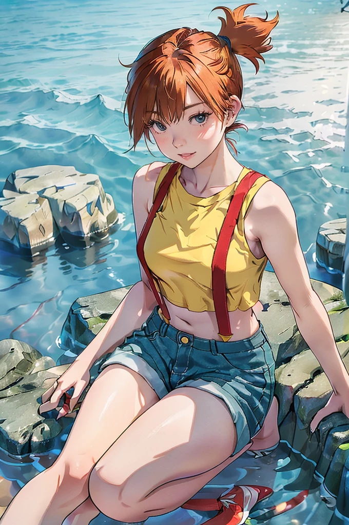 (masterpiece,Highest quality,In 8K,Very detailed,High resolution,Realistic:1.2), (Small plain yellow shirt, Red suspenders, Navy blue risqué denim hot pants, Emphasize the V-line, Beautiful barefoot, White socks, Red sneakers:1.5), (Orange Hair, Short Side Tail:1.3),(Sit with legs apart on rocks on a tropical beach:1.5), (Leg spread:1.5),(Shooting from the thigh up:1.5),(Turn your face slightly to the side:1.2), (18 year old Japanese female:1.3), (Lean upper body:1.3), (Thicken your thighs:1.3), (View of the subject from below:1.2), (Draw the details of the costume:1.3), smile, I can see your teeth, Eyelash extensions,Pink lipstick, Red teak